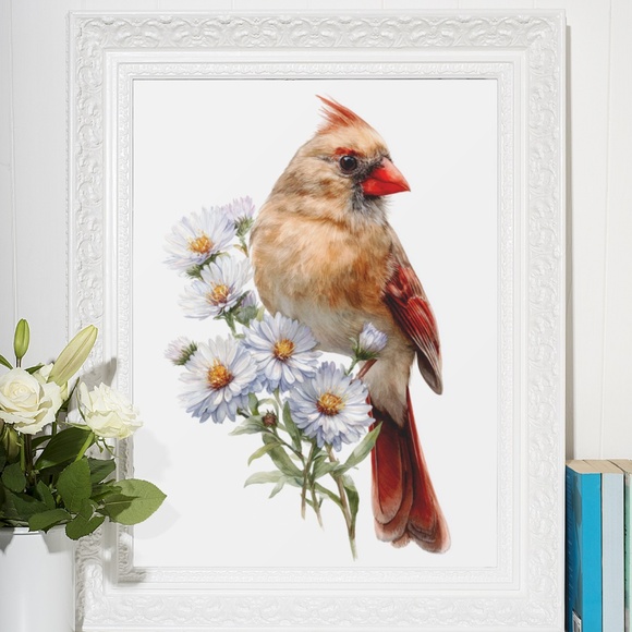 Watercolor Female Cardinal Bird with Flowers Wall Art Print Unframed - Picture 6 of 6
